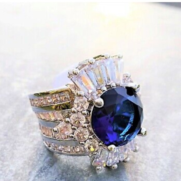 Blue Sapphire Sterling Silver Baguette Crown Statement Ring - Picture 10 of 14